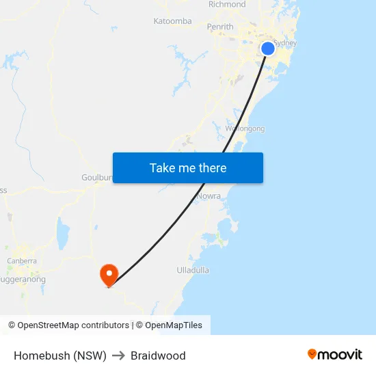 Homebush (NSW) to Braidwood map