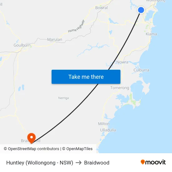 Huntley (Wollongong - NSW) to Braidwood map