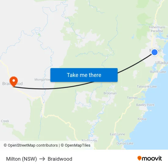 Milton (NSW) to Braidwood map