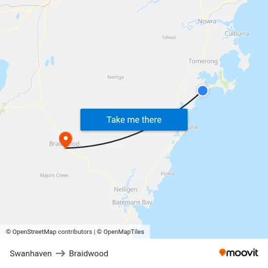 Swanhaven to Braidwood map