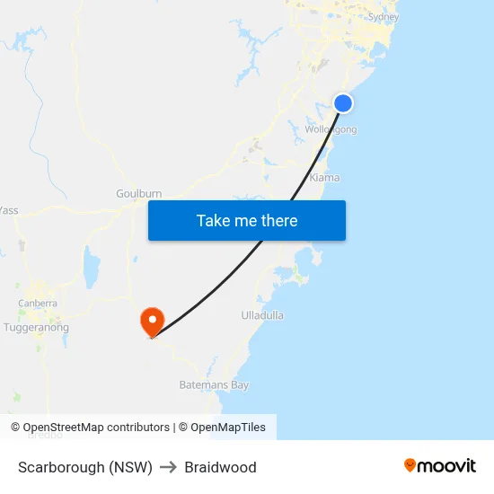 Scarborough (NSW) to Braidwood map