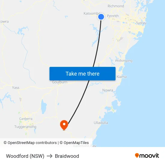 Woodford (NSW) to Braidwood map