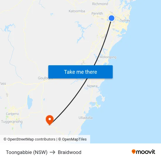 Toongabbie (NSW) to Braidwood map