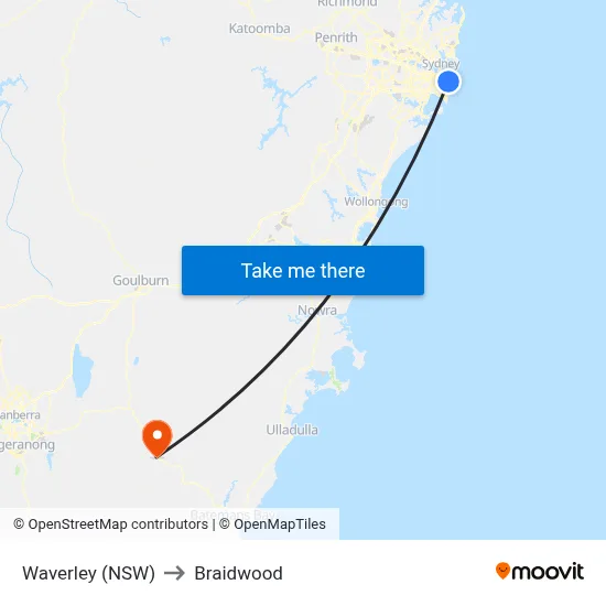 Waverley (NSW) to Braidwood map