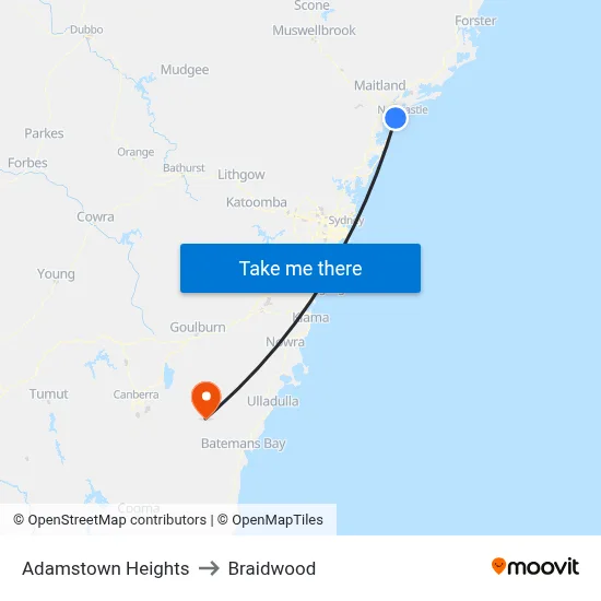 Adamstown Heights to Braidwood map