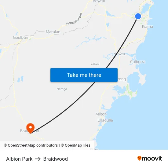 Albion Park to Braidwood map