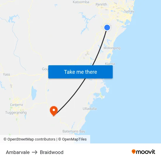 Ambarvale to Braidwood map