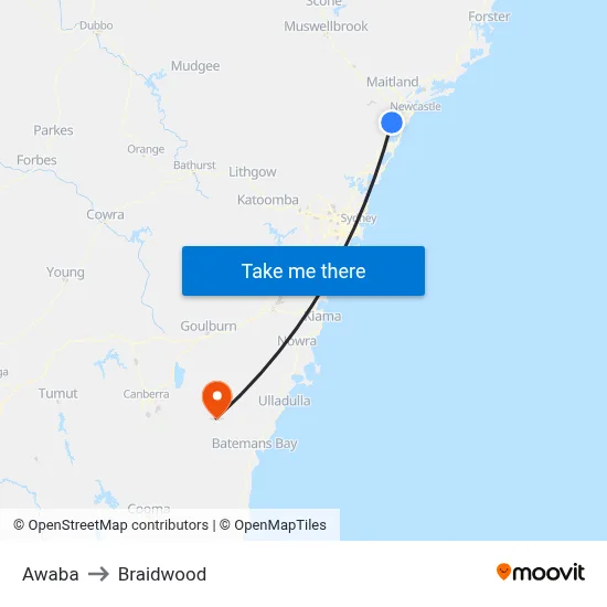 Awaba to Braidwood map