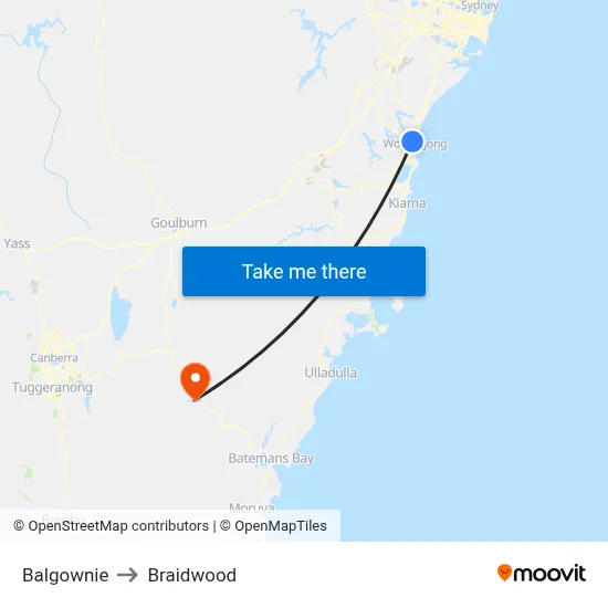 Balgownie to Braidwood map