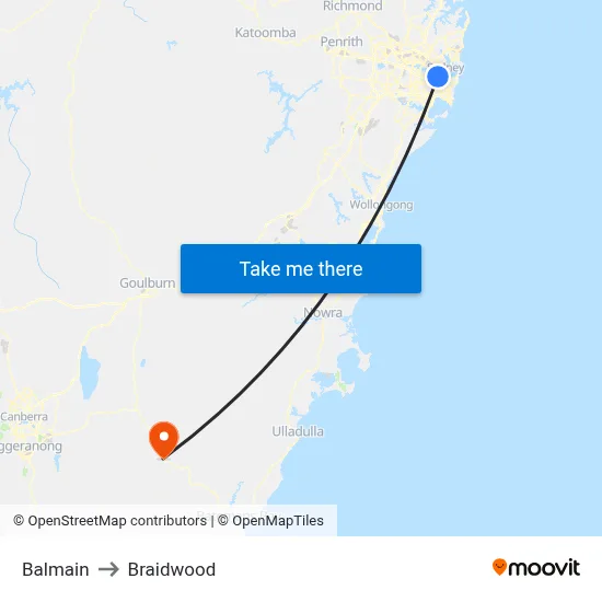 Balmain to Braidwood map