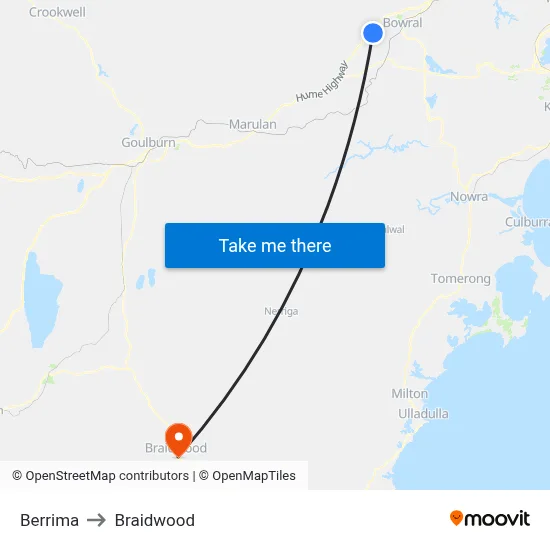 Berrima to Braidwood map