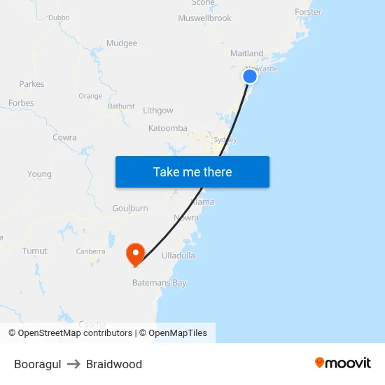Booragul to Braidwood map