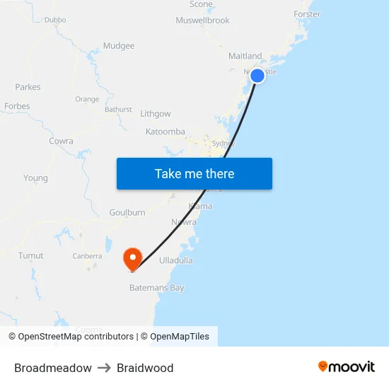 Broadmeadow to Braidwood map