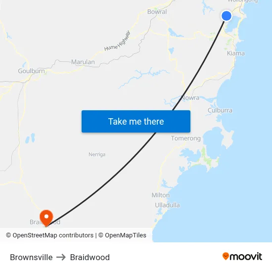 Brownsville to Braidwood map