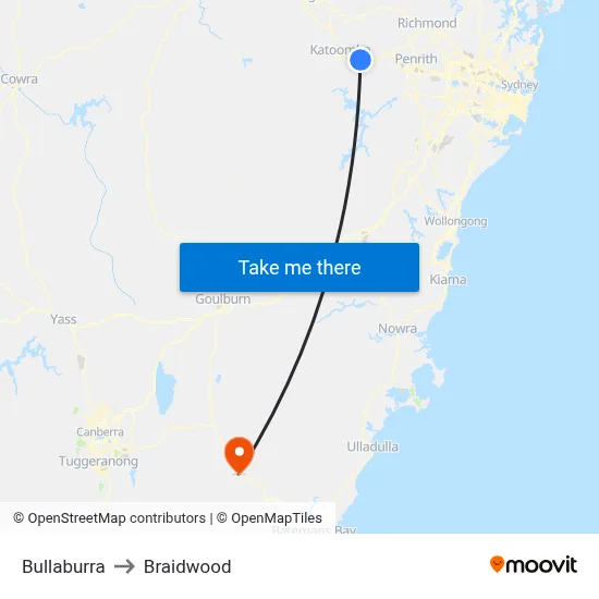 Bullaburra to Braidwood map