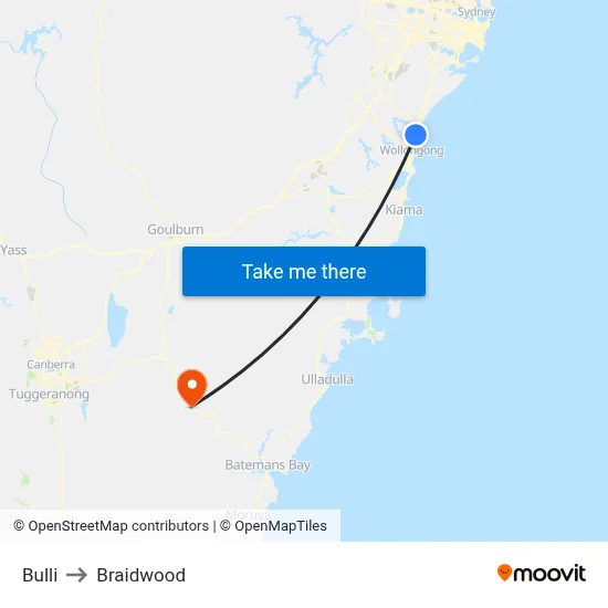 Bulli to Braidwood map