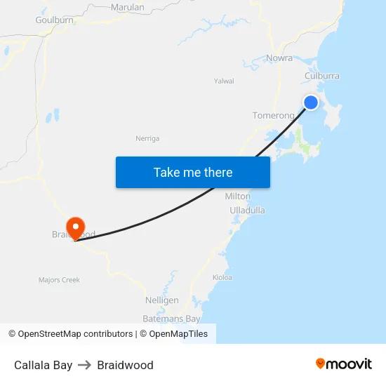 Callala Bay to Braidwood map