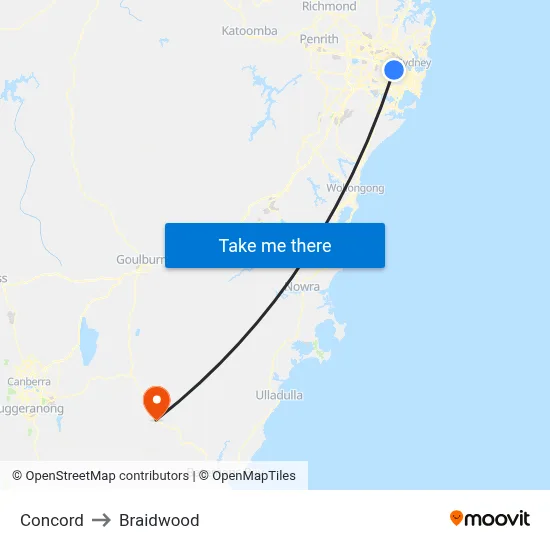 Concord to Braidwood map