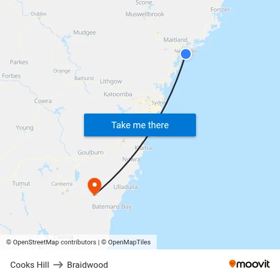 Cooks Hill to Braidwood map
