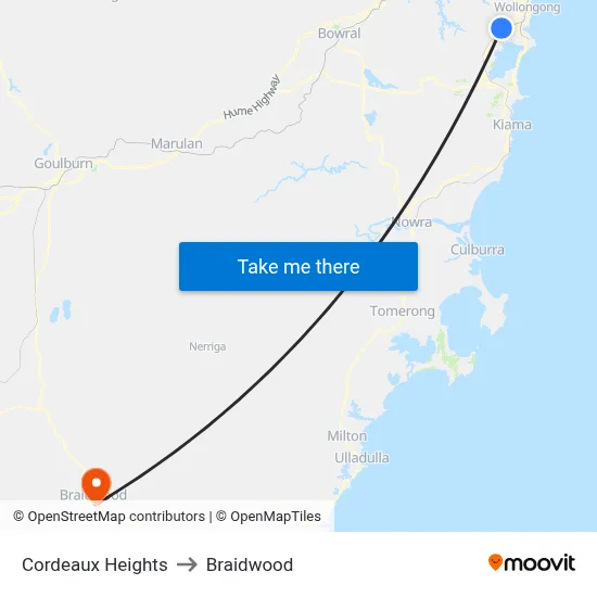 Cordeaux Heights to Braidwood map