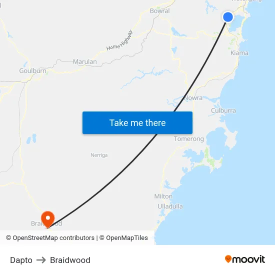Dapto to Braidwood map