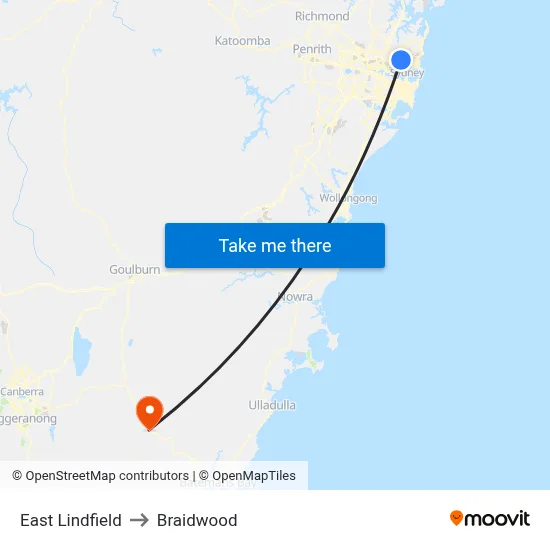 East Lindfield to Braidwood map