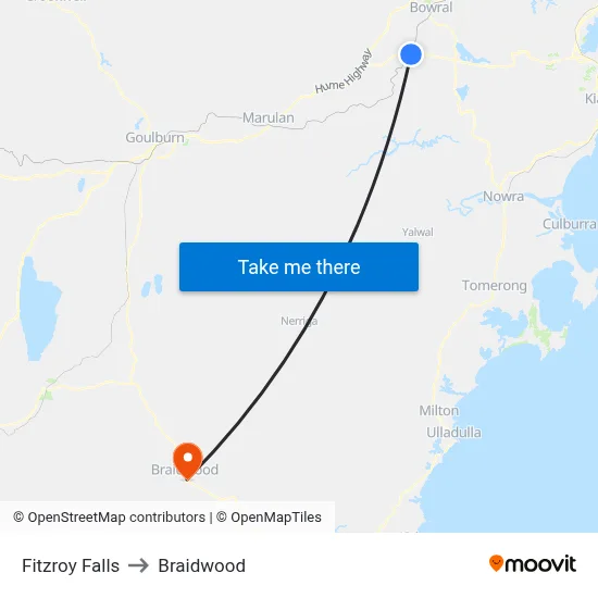 Fitzroy Falls to Braidwood map