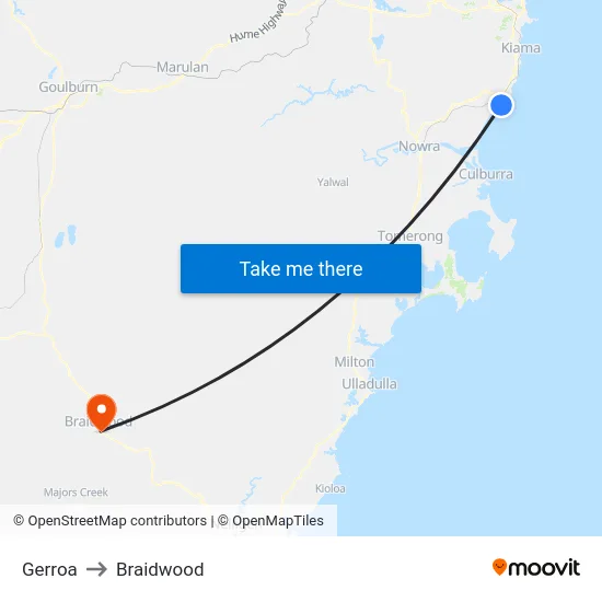Gerroa to Braidwood map