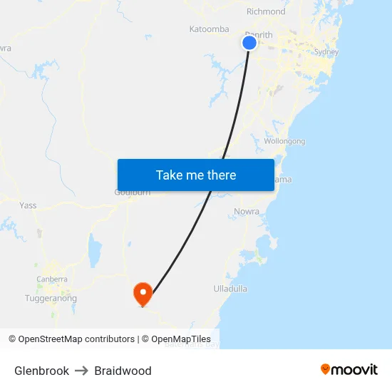 Glenbrook to Braidwood map