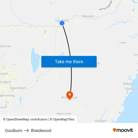 Goulburn to Braidwood map