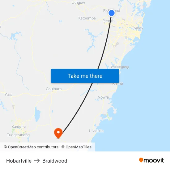 Hobartville to Braidwood map