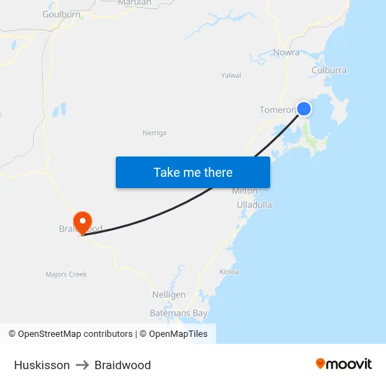 Huskisson to Braidwood map