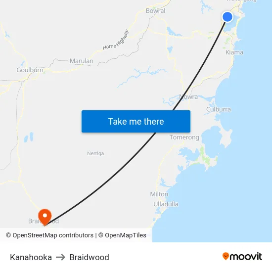 Kanahooka to Braidwood map