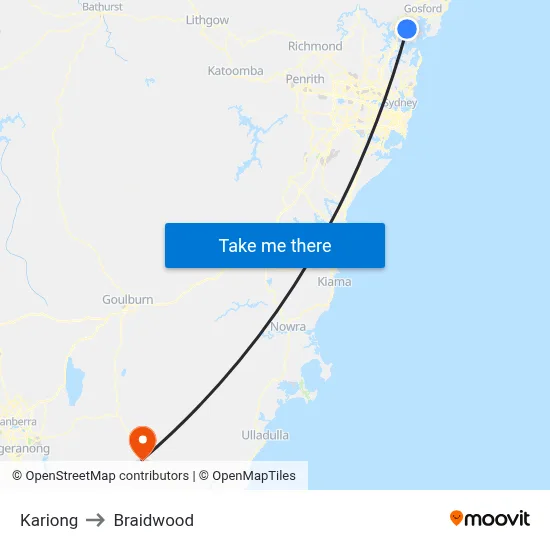 Kariong to Braidwood map