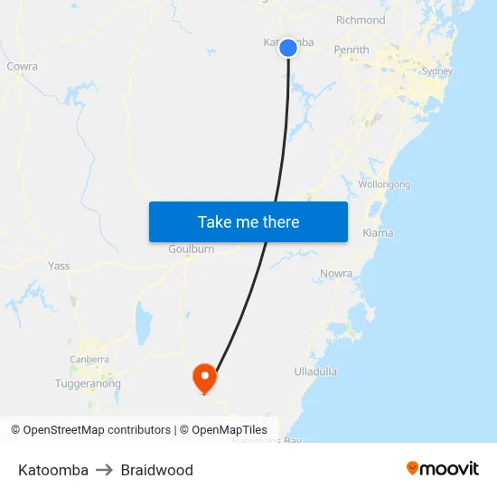 Katoomba to Braidwood map