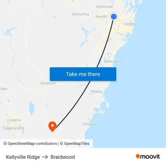 Kellyville Ridge to Braidwood map