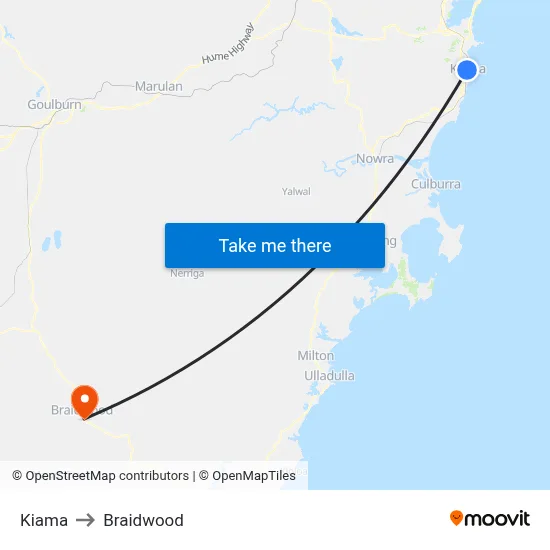 Kiama to Braidwood map