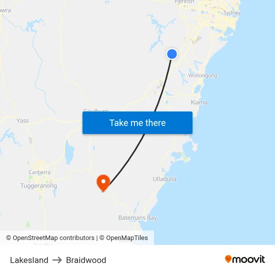 Lakesland to Braidwood map