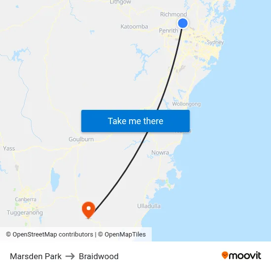 Marsden Park to Braidwood map
