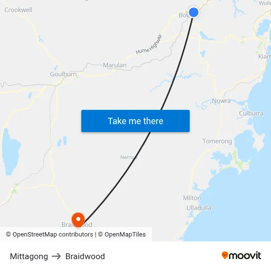 Mittagong to Braidwood map