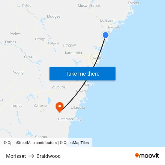 Morisset to Braidwood map