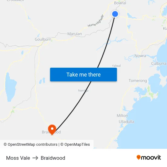 Moss Vale to Braidwood map