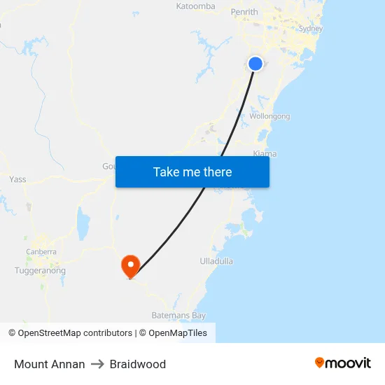 Mount Annan to Braidwood map