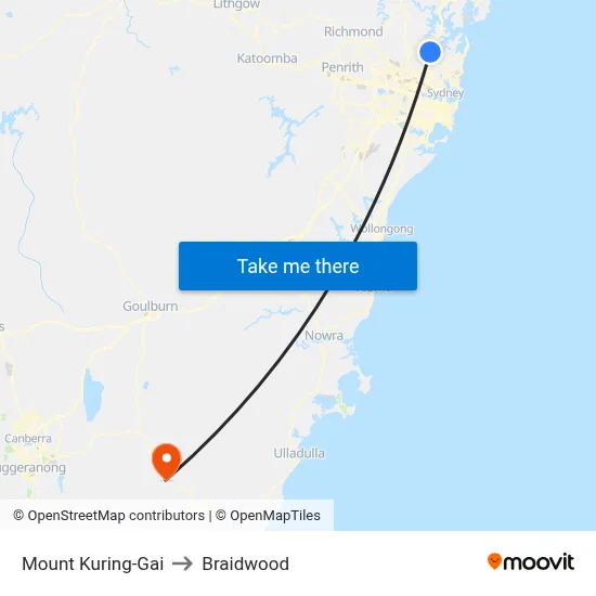 Mount Kuring-Gai to Braidwood map