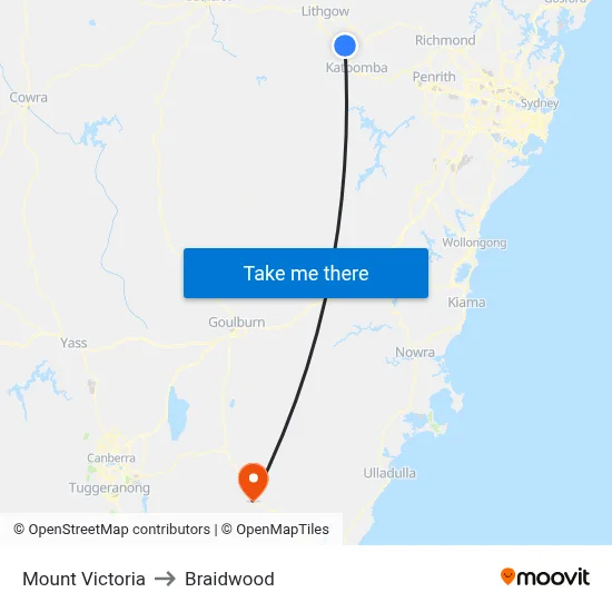 Mount Victoria to Braidwood map