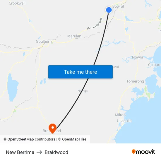 New Berrima to Braidwood map
