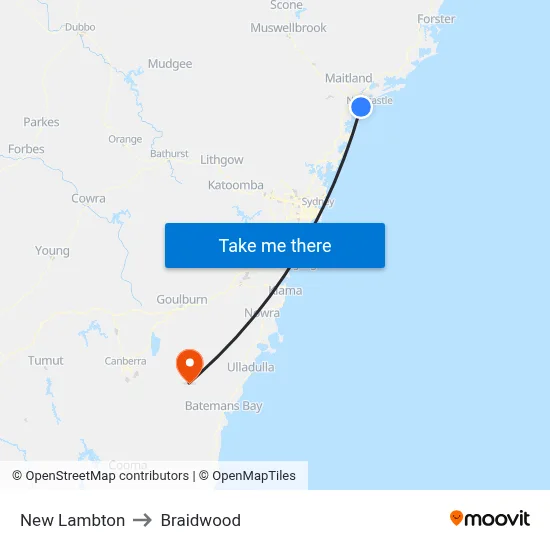 New Lambton to Braidwood map