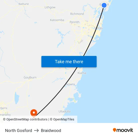 North Gosford to Braidwood map