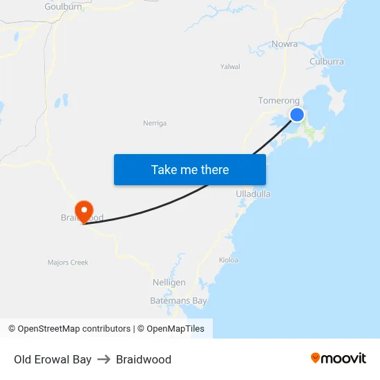 Old Erowal Bay to Braidwood map