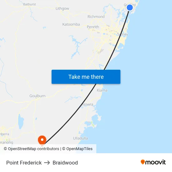 Point Frederick to Braidwood map